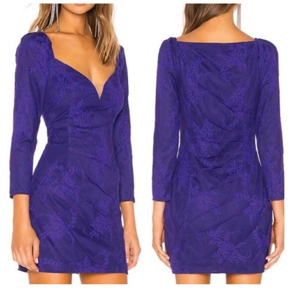 REVOLVE X by NBD Bruna Violet Ruched Lace Long Sleeve Mini Dress Size Small - Picture 2 of 12